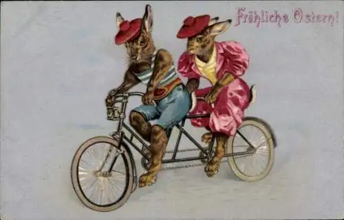 Litho Glückwunsch Ostern, Osterhasen fahren Tandem