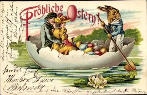 Litho Glückwunsch Ostern, Ruderboot aus Eierschale, Osterhase, Liebespaar