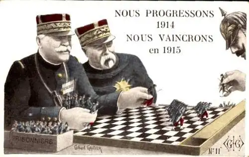 Ak Nous Progressons 1914, Nous Vaincrons, Joffre, Guillaume II., Échecs, Schach, Kriegsgefangene