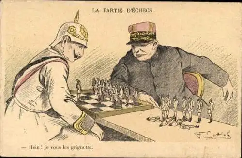 Künstler Ak Französischer General und Kaiser Wilhelm II. spielen Schach