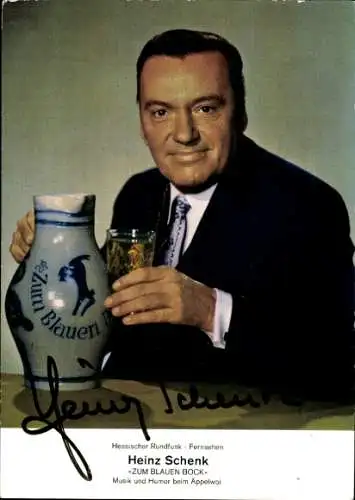 Ak Schauspieler Heinz Schenk, Portrait, Autogramm, Glas, Krug, Zum Blauen Bock