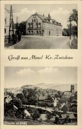 Ak Mosel Zwickau in Sachsen, Ortsmitte mit Kirche, Gasthof, Straßenpartie