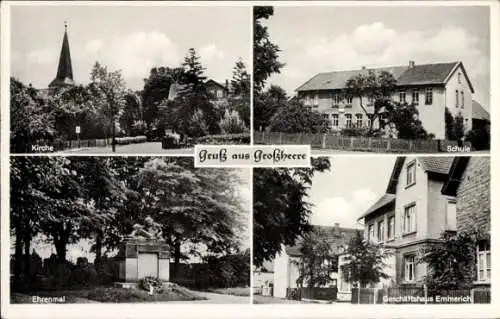 Ak Groß Heere in Niedersachsen, Kirche, Schule, Ehrenmal, Geschäftshaus Emmerich