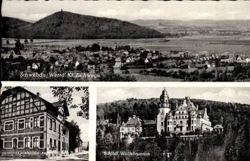 Ak Schwebda Meinhard an der Werra, Panorama, Gaststätte zum Grünen Baum, Schloss Wolfsbrunnen