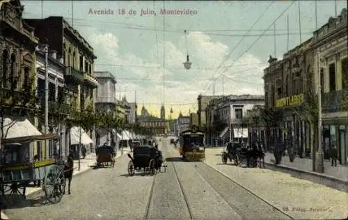 Ak Montevideo Uruguay, Straße des 18. Juli, Straßenbahn