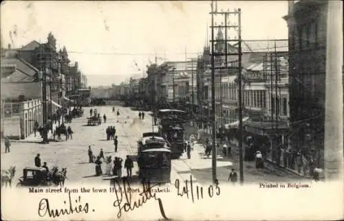 Ak Port Elizabeth Südafrika, Hauptstraße, Rathaus, Straßenbahnen