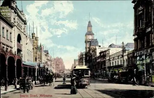 Ak Melbourne Australien, Bourke Street, Straßenpartie, Straßenbahn