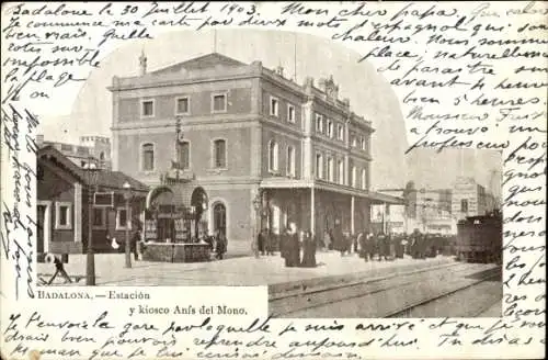 Ak Badalona Catalogne Espagne und Anfs del Mono Kiosk, Bahnhof