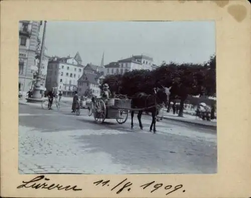 Kabinett Foto Luzern Stadt Schweiz, Straßenpartie, Pferdefuhrwerk, 11.8.1909