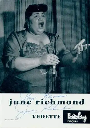 Autogrammkarte Jazz-Sängerin und Schauspielerin June Richmond, Portrait, Autogramm