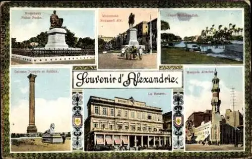 Ak Alexandria Ägypten, Moschee, Denkmal, Börse, Pompeiussäule und Sphinx