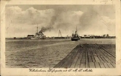 Ak Wilhelmshaven an der Nordsee, Hafen, Deutsches Kriegsschiff, SMS Moltke