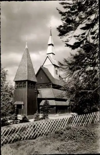 Ak Hahnenklee Bockswiese Goslar im Harz, Gustav-Adolf-Kirche, Nordische Stabkirche