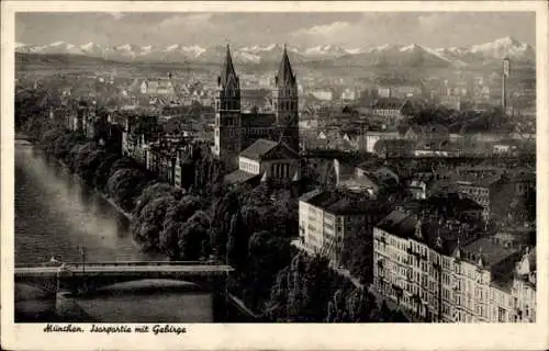 Ak München, Stadtpanorama, Isar, Brücke, Gebirge