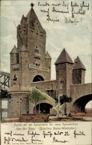 Ak Mainz am Rhein, Kaiserbrücke, Kaiserbüste, Bahnlinie Mainz-Wiesbaden