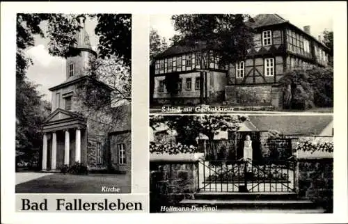 Ak Fallersleben Wolfsburg in Niedersachsen, Kirche, Schloss, Gedenkkreuz, Hoffmann-Denkmal