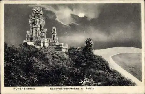 Ak Syburg Dortmund, Hohensyburg, Kaiser Wilhelm Denkmal, Ruhrtal, Nacht, Mond