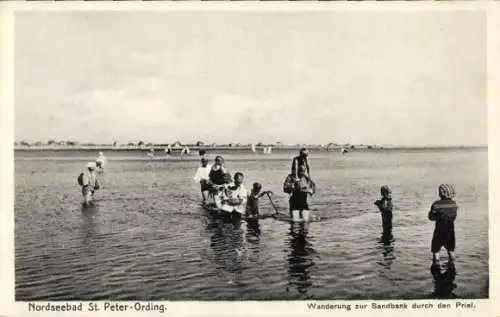 Ak Nordseebad Sankt Peter Ording, Priel, Wanderung zur Sandbank, Personen