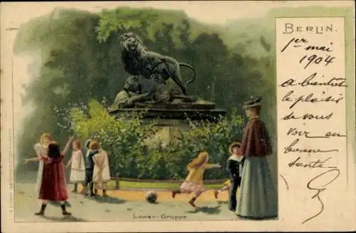 Litho Berlin Tiergarten, Löwengruppe, spielende Kinder