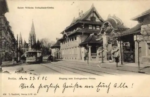 Ak Berlin Tiergarten, Zoologischer Garten, Eingang, Elefantentor, Straßenbahn, Gedächtniskirche