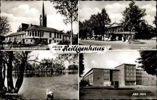 Ak Heiligenhaus in Nordrhein Westfalen, Rathaus, AEG-Werk, Stausee, Schule, katholische Kirche