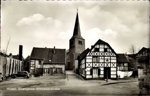 Ak Hilden im Rheinland, Eisengasse, Schwanenstraße, Kirche, Fachwerkhaus