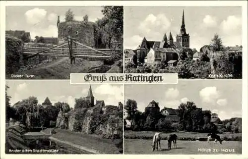 Ak Ratingen Nordrhein Westfalen, katholische Kirche, Dicker Turm, alte Stadtmauer, Haus zu Haus