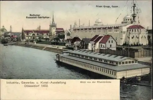 Ak Düsseldorf am Rhein, Blick von der Rheinbrücke auf die Gussstahl Fabrik, 1902