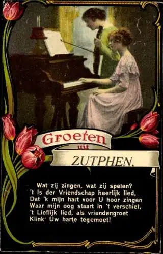 Gedicht Passepartout Ak Zutphen Gelderland Niederlande, Grüße aus, Musizierende Frauen