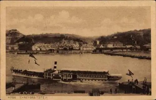 Ak Ehrenbreitstein Koblenz am Rhein, Panorama, Schiff