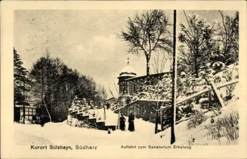 Ak Sülzhayn Ellrich Thüringen, Sanatorium Erholung, Auffahrt, Winteransicht