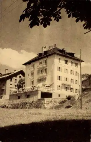 Ak Flumet Savoie, Hotel du Mont-Blanc, Sa Terrasse, la Prairie