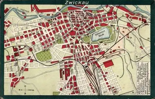 Stadtplan Ak Zwickau in Sachsen, Schwanenteich, Mulde, Glauchauer Straße, Bahnhof