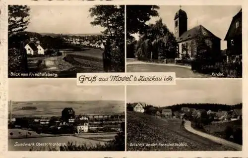 Ak Mosel Zwickau in Sachsen, Friedhofsberg, Kirche, Sandwerk Obrrothenbach, Forellenmühle