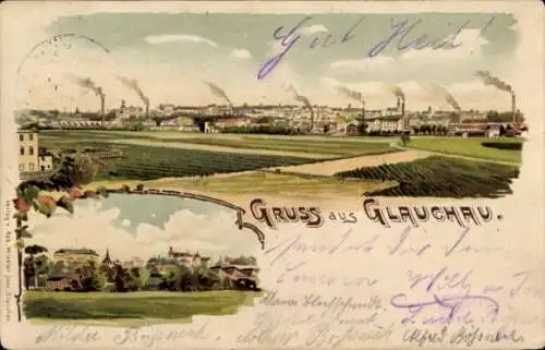 Litho Glauchau in Sachsen, Gesamtansicht, Schornsteine