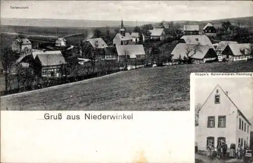 Ak Niederwinkel Waldenburg in Sachsen, Hoppes Kolonialwaren Handlung, Panorama