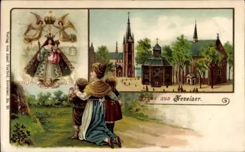 Litho Kevelaer am Niederrhein, Gnadenbild, Gradenkapelle, Frau und zwei Kinder