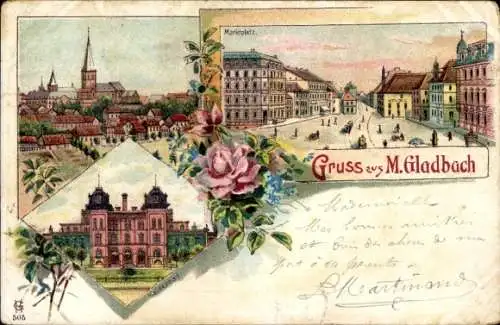 Litho Mönchengladbach am Niederrhein, Marktplatz, Kirchturm, Kaiserbad