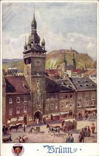 Künstler Ak Brno Brünn Südmähren, Platz, Rathaus, Turm