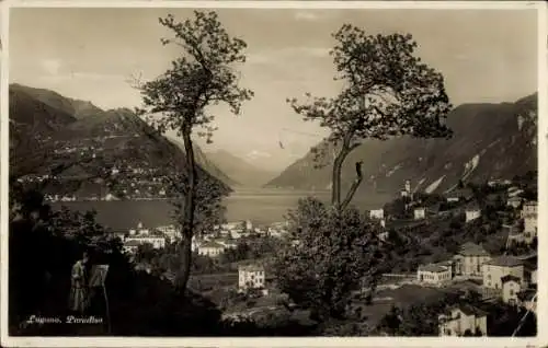 Ak Paradiso Lugano Kanton Tessin, Gesamtansicht, Malerin, Berge