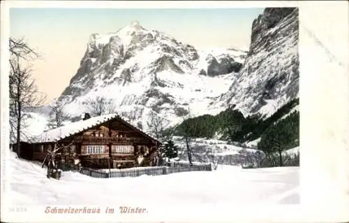 Ak Schweiz, Schweizerhaus, Winter, Schnee, Bergspitze