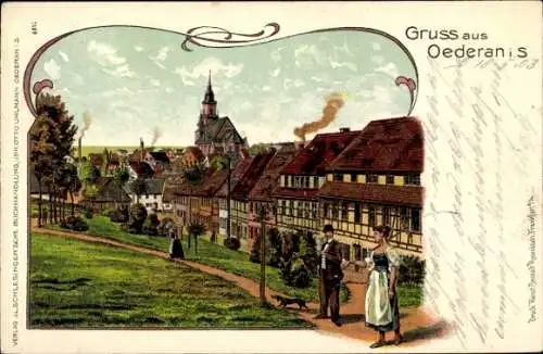 Litho Oederan Sachsen, Blick auf den Ort mit Menschen