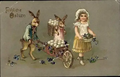 Präge Ak Glückwunsch Ostern, Osterhase, Schubkarre, Mädchen