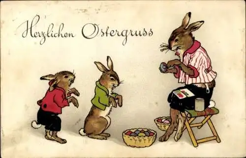 Ak Glückwunsch Ostern, Osterhasen, Ostereier im Korb