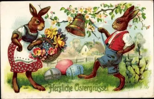 Ak Glückwunsch Ostern, Osterhasen, Blumen, Ostereier, Weidenkätzchen, Glocke