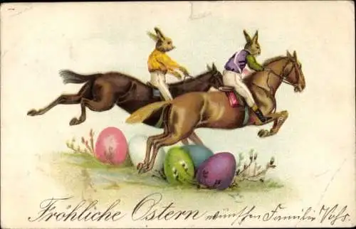 Ak Glückwunsch Ostern, Hasen reiten auf Pferden, Ostereier