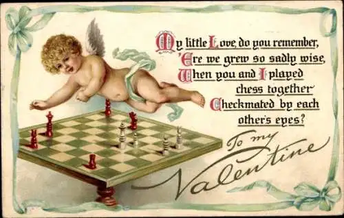 Litho Valentinstag, Engel fliegt über ein Schachbrett