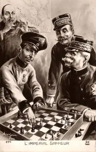 Künstler Ak Joseph Joffre und Kronprinz Wilhelm spielen Schach, Karikatur