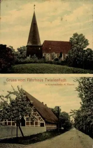 Ak Hollern Twielenfleth in Niedersachsen, Kirche, Fährhaus von K. Röseler