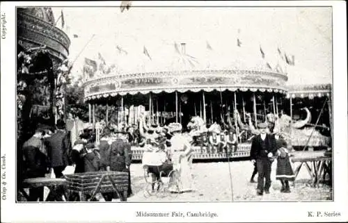 Ak Cambridge England, Midsummer Fair, Karussell, Besucher, Frau mit Kinderwagen